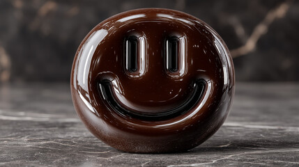 A shiny, brown smiley face sculpture sits on a dark marble surface, radiating a playful and warm vibe amidst a sophisticated backdrop.