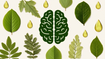 a serene graphic of brain icon surrounded by calming elements like leaves , water droplets, symbolizing mental health and recover 