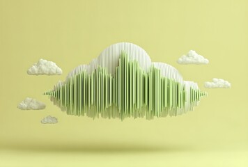 A 3D rendered image of a large cloud with a green, spiky, sound wave-like bottom, surrounded by smaller white clouds on a light yellow background.