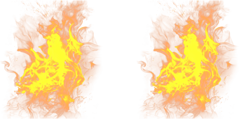 A vibrant and dramatic illustration of two identical fire flames on a transparent background
