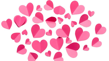 A collection of pink paper hearts scattered in a festive top-down composition, clean cut-out, PNG with alpha channel, transparency.