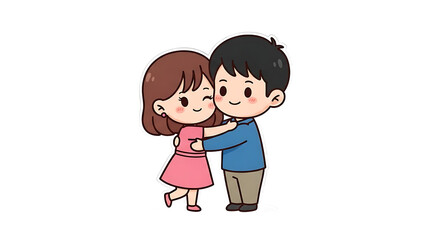 Adorable chibi style couple hugging, cute illustration with transparency, background removal, perfect for sticker designs.