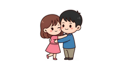 Adorable chibi style couple hugging, cute illustration with transparency, background removal, perfect for sticker designs.