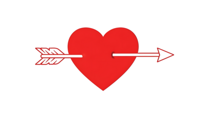 Flat vector illustration of a red heart pierced by a white arrow, cut-out, transparency, classic Cupid symbol.