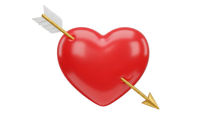 Realistic 3D red heart with a golden arrow through it, background removal, isolated subject, romantic Valentine icon.