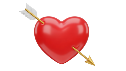 Realistic 3D red heart with a golden arrow through it, background removal, isolated subject, romantic Valentine icon.