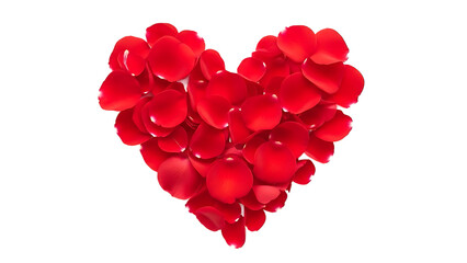 Heart shape delicately composed of scattered red rose petals for romantic decor, background removal and cut-out for anniversary and honeymoon themes.