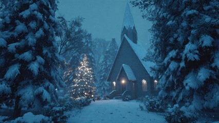 Tranquil orthodox christmas church scene in snowy winter evening with lit tree