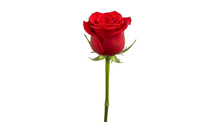 Iconic single long-stemmed red rose in full bloom with green leaves, PNG with alpha channel and isolated subject for classic floral compositions.