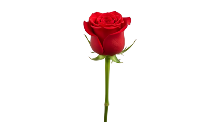 Iconic single long-stemmed red rose in full bloom with green leaves, PNG with alpha channel and isolated subject for classic floral compositions.