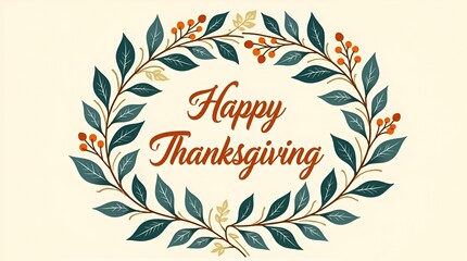 Thanksgiving card design featuring delicate teal leaf outlines and rich orange berries framing Happy Thanksgiving, elegant script typography