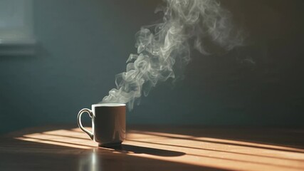 A steaming cup of coffee sits on a wooden table, with sunlight casting shadows and smoke swirling