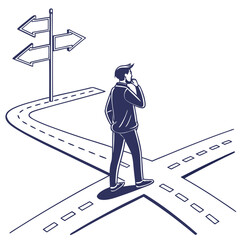 Man standing at crossroads with multiple arrows