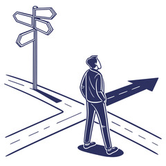 Man standing at crossroads with blank signpost