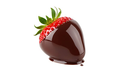 Fresh ripe strawberry dipped in smooth melting dark chocolate, juicy berry dessert with cocoa glaze, isolated subject with professional background removal for food mockups.