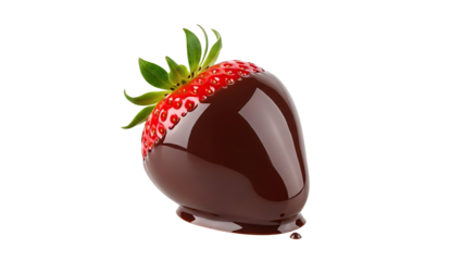 Fresh ripe strawberry dipped in smooth melting dark chocolate, juicy berry dessert with cocoa glaze, isolated subject with professional background removal for food mockups.