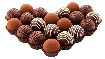 Gourmet chocolate truffles arranged in a romantic heart shape, variety of dark and white chocolate pralines with elegant drizzles, cut-out with transparency for creative design.