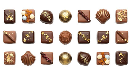 Top-down view of artisanal chocolate pralines collection, luxury assorted bonbons with gold leaf and textures, PNG with alpha channel cut-out for graphic design projects.