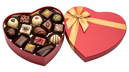 Open red heart-shaped gift box filled with luxury assorted chocolate pralines and gold ribbon bow, isolated subject with transparency for Valentine's Day promotions.
