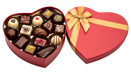 Open red heart-shaped gift box filled with luxury assorted chocolate pralines and gold ribbon bow, isolated subject with transparency for Valentine's Day promotions.