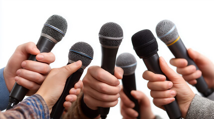 A diverse group of hands grasping microphones, ready for a discussion or performance, symbolizing communication and collaboration.