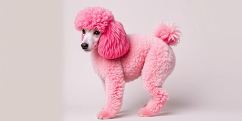 A fluffy poodle with vibrant pink fur, meticulously groomed, posing elegantly,  unique,  animal beauty