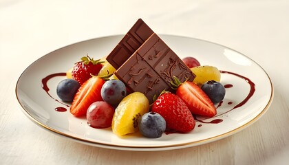 A vibrant and colorful dessert featuring rich, velvety chocolate and an assortment of fresh, juicy fruits, including succulent strawberries