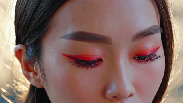 Closeup woman red graphic eyeliner backlit by warm sunlight, sharp winged liner, dewy skin texture, slow eyelid movement, focused expression, beauty editorial mood, golden rim light, studiooutdoor fus