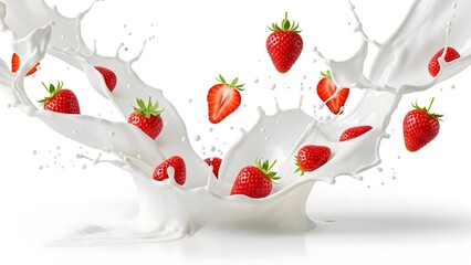 isolated milk splash with strawberries high quality premium stock image file. [PNG].