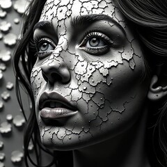 Geometric black and white fragmentation, pixelated disintegration, glitch, broken, retro