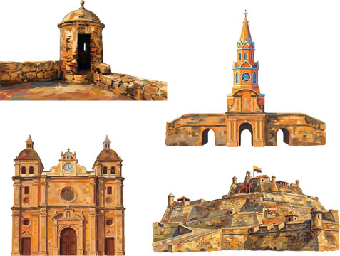Set of colorful artistic illustrations of Cartagena landmarks: San Felipe Castle, Clock Tower and San Pedro Claver Church isolated on white