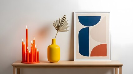 Bright orange candle holder with lit candles next to a yellow vase and abstract art