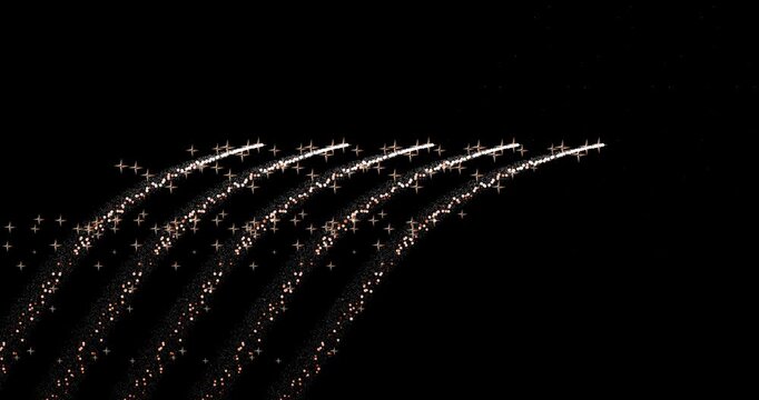 Abstract trails of particles fly along a curved trajectory against a black background, reminiscent of fireworks. Their flickering creates a dynamic and mesmerizing image.