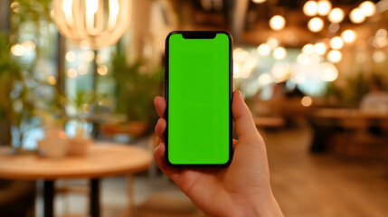 Person holding smartphone with a blank green screen in a busy caf&eacute; during daytime
