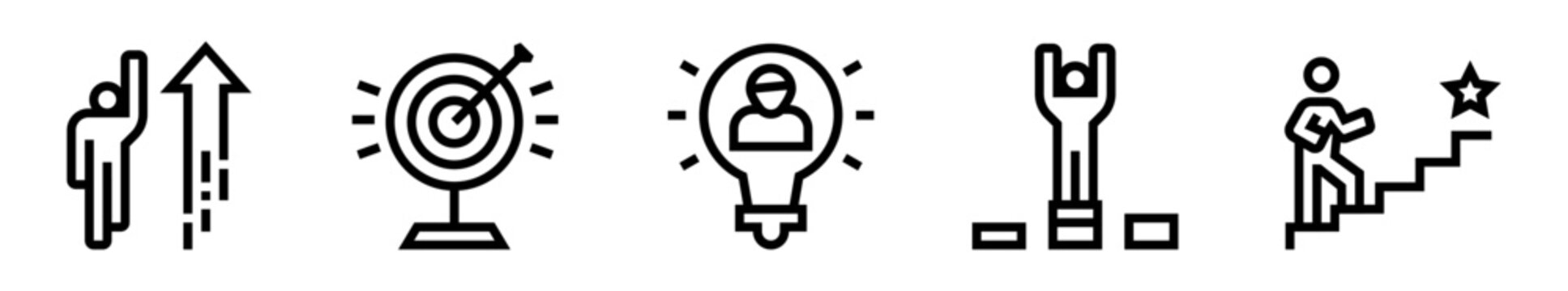 Pack de iconos de crecimiento personal. Superaci&oacute;n individual, metas claras, desarrollo interior, motivaci&oacute;n constante y &eacute;xito personal. Ilustraci&oacute;n vectorial lineal