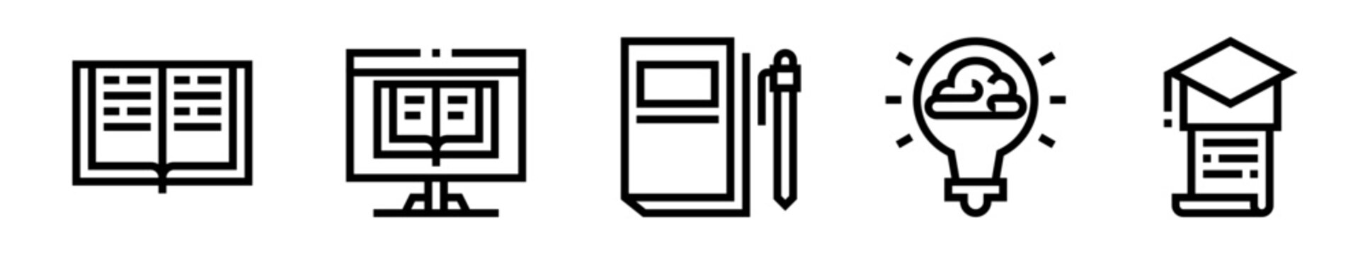 Pack de iconos de educaci&oacute;n. Aprendizaje continuo, estudio digital, creatividad acad&eacute;mica, formaci&oacute;n profesional y logro educativo. Ilustraci&oacute;n vectorial lineal