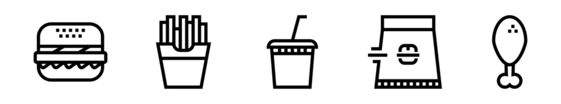Pack de iconos de comida r&aacute;pida. Hamburguesa, papas fritas, bebida, comida para llevar, pollo frito. Ilustraci&oacute;n vectorial lineal