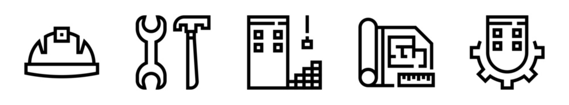 Pack de iconos de construcci&oacute;n. Seguridad laboral, herramientas profesionales, desarrollo de edificios, planificaci&oacute;n arquitect&oacute;nica y procesos industriales. Ilustraci&oacute;n vectorial lineal