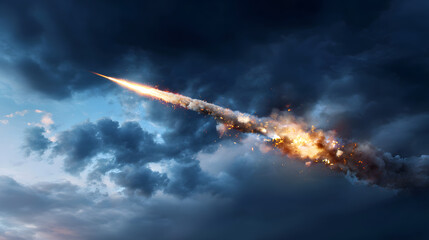 Rocket launches into the sky against a backdrop of dark clouds and smoke during evening hours