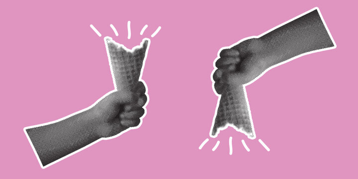 Halftone hand playfully holding a ice cream cone. Vector illustration halftone collage hand for vintage poster, banner, greeting card design