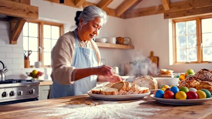 Senior Asian lady kneads bread by sunlight, Elderly grandmother in traditional attire bakes fresh bread, Aging Asian matriarch lovingly crafts holiday bread beside sundrenched farmhouse window