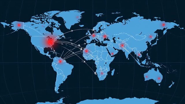 Global Travel Routes and Spread of Information Depicted on a Stylized World Map with Red Hotspots and Flight Paths