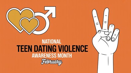 Obraz premium National Teen Dating Violence Awareness Month banner with peace sign hand and orange heart icons for youth relationship safety