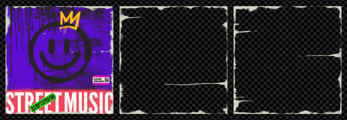 Retro grunge square vinyl frames with rough scratchy edges. Album cover design template with folded torn dirty borders. Compact music cd disk template cover texture, vintage grunge overlay.