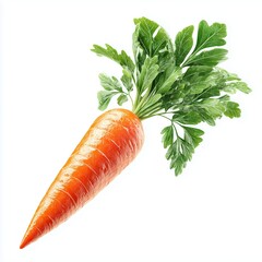 A fresh orange carrot with vibrant green leaves, isolated on a pure white background.  