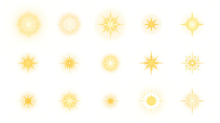 Soft glowing golden light effects with sparkling starbursts and luminous yellow flares are depicted against a pure white background, featuring dreamy sparkle icons and light rays.