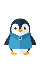 Obraz premium Cute cartoon penguin in a blue jacket illustration, flat design, isolated on white