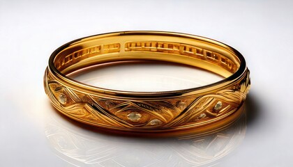 Elegant Gold Bangle Bracelet with Intricate Floral and Geometric Patterns on White Surface.