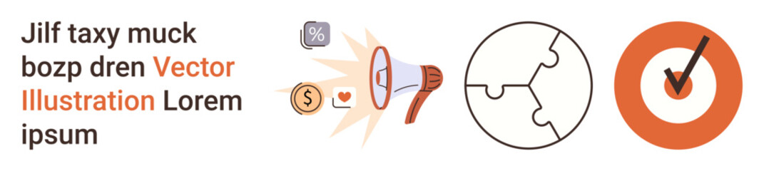 Digital marketing, teamwork, strategy, advertising, messaging, goals. Megaphone with icons, puzzle pieces and checkmark symbol. Marketing communication and teamwork concept