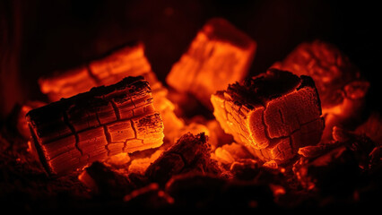 glowing hot embers and charcoal pieces in fireplace, intense heat, deep red and orange light, dark background, concept of fire, warmth, energy, burning wood, close up macro shot, abstract